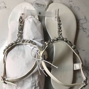 White bridal sandals w. crystal & pearl straps